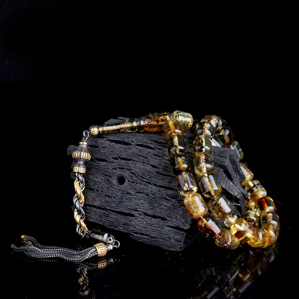 Çift Renk Gümüş Püsküllü Kapsül Kesim Fosilli Damla Kehribar Tesbih - Resim 2