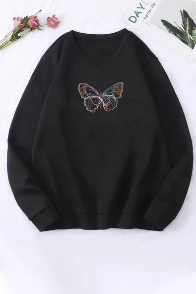 Unisex Butterfly Baskılı Bisiklet Yaka Sweatshirt ürün görseli 1