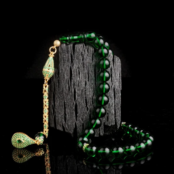 925 Ayar Gümüş Zirkon Taşlı Püsküllü Yeşil Renk Ateş Kehribar Tesbih ürün görseli