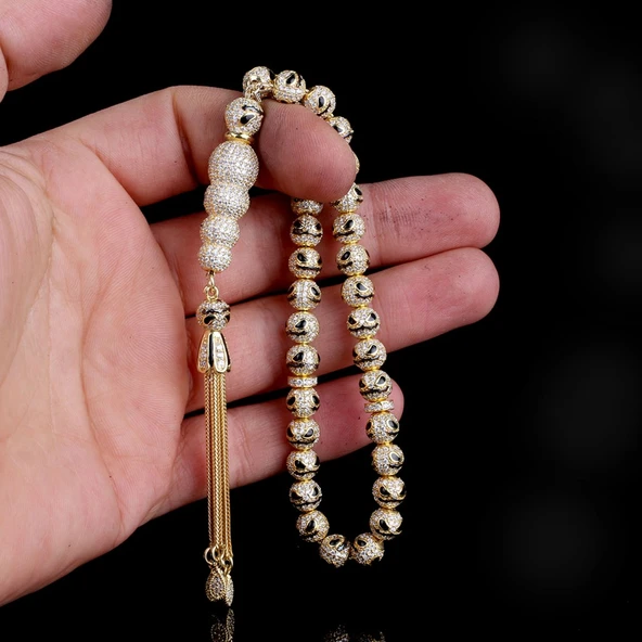 ALTIN KAPLAMA ZİRKON TAŞLI SİYAH MİNELİ 925 AYAR GÜMÜŞ TESBİH - Resim 3