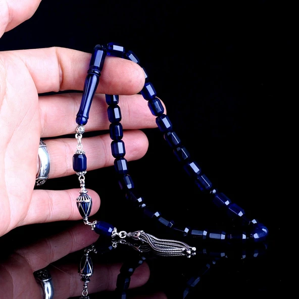 Çift Renk Gümüş Püsküllü Fasetli Damla Kehribar Tesbih - Resim 2