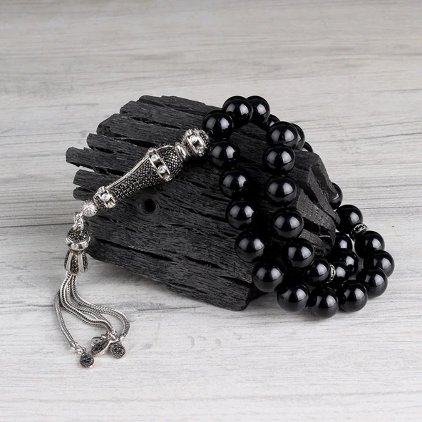 925 Ayar Gümüş Küre Kesim Siyah Zirkon Taşlı Ateş Kehribar Tesbih - Resim 2