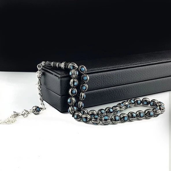 925 AYAR GÜMÜŞ PÜSKÜLLÜ MAVİ MİNELİ ERZURUM OLTU TAŞI TESBİH - Resim 2