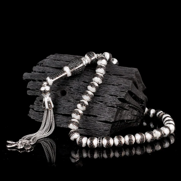 GRİ RENK MİNELİ ZİRKON TAŞLI 925 AYAR GÜMÜŞ TESBİH - Resim 2