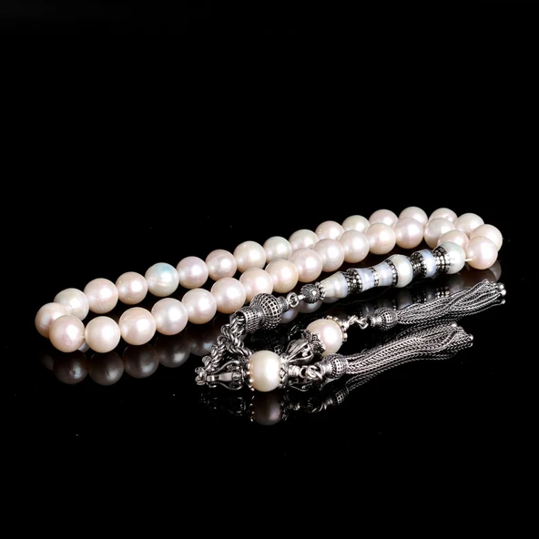 925 Ayar Gümüş Püsküllü 10 mm Nakkaş İmameli İnci Taşı Tesbih - Resim 2