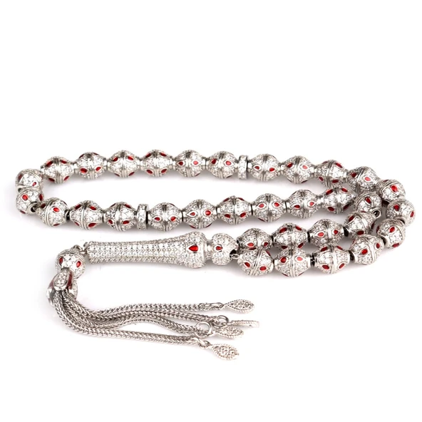 KIRMIZI BEYAZ ZİRKON TAŞ İŞLEMELİ TAMAMI 925 AYAR GÜMÜŞ TESBİH - Resim 4
