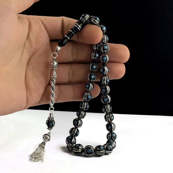 925 AYAR GÜMÜŞ PÜSKÜLLÜ MAVİ MİNELİ ERZURUM OLTU TAŞI TESBİH - Resim 3