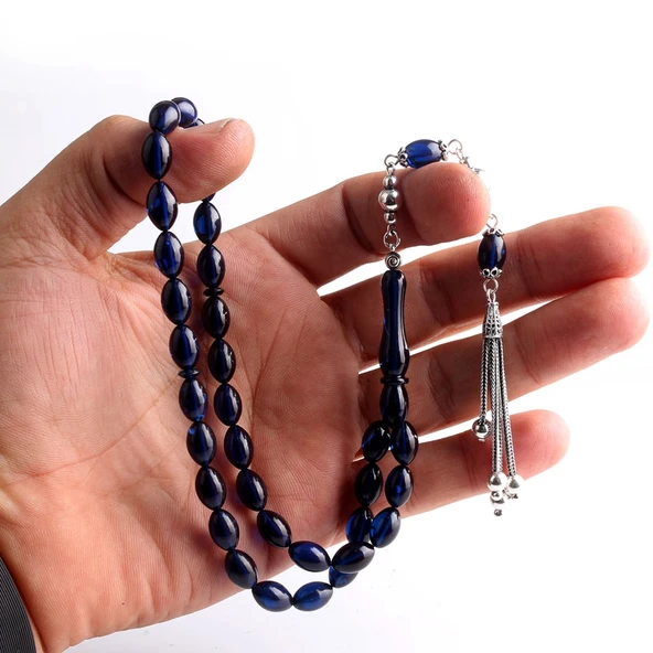 925 ayar Gümüş Püsküllü Parlament Mavisi Arpa Kesim Ateş Kehribar Tesbih - Resim 3