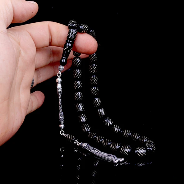 GÜMÜŞ PÜSKÜLLÜ GÜMÜŞ İŞLEME KAPSÜL ATEŞ KEHRİBAR TESBİH - Resim 4