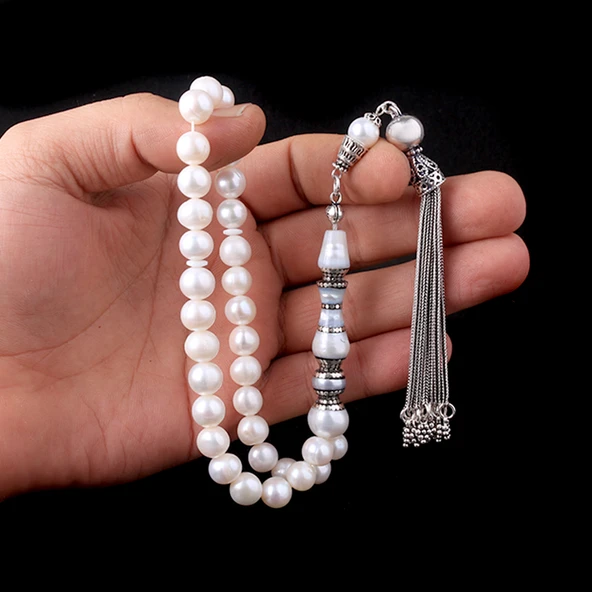 925 AYAR GÜMÜŞ ÖZEL TASARIM NAKKAŞ İMAME İNCİ TAŞI TESBİH - Resim 2