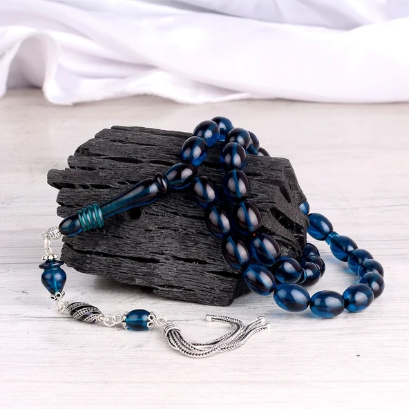 925 Ayar Gümüş Mineli Püsküllü Mavi Renk Ateş Kehribar Tesbih - Resim 2