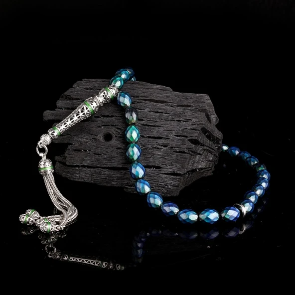 925 Ayar Gümüş Mine Püsküllü Renk Değiştiren Arpa Kesim His Taşı Tesbih - Resim 2