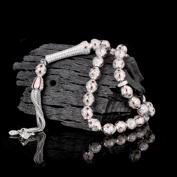 KIRMIZI BEYAZ ZİRKON TAŞ İŞLEMELİ TAMAMI 925 AYAR GÜMÜŞ TESBİH - Resim 2