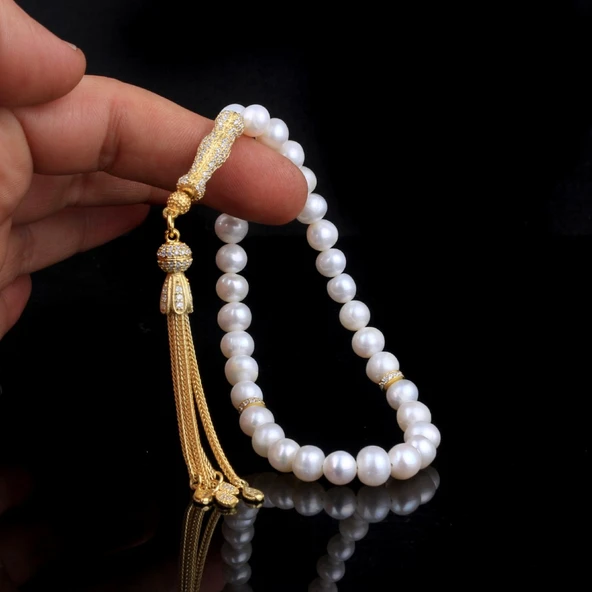 ALTIN KAPLAMA ZİRKON TAŞLI GÜMÜŞ SET İNCİ TAŞLI TESBİH - Resim 2