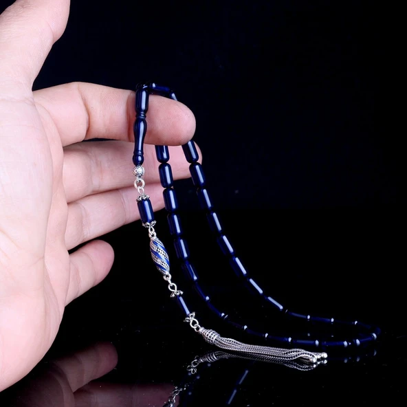 925 Ayar Gümüş Püsküllü Kapsül Kesim Mavi Renk Damla Kehribar Tesbih - Resim 4