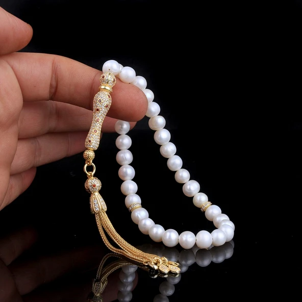 ALTIN KAPLAMA ZİRKON TAŞLI GÜMÜŞ SET İNCİ TAŞLI TESBİH - Resim 2