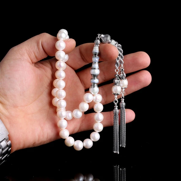 925 Ayar Gümüş Püsküllü 10 mm Nakkaş İmameli İnci Taşı Tesbih - Resim 3