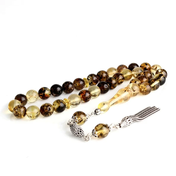 8,5 mm Fosilli Damla Kehribar Tesbih 925 Ayar Gümüş Püsküllü - Resim 2