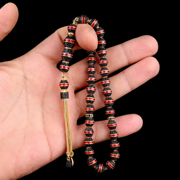 ALTIN KAPLAMALI KIRMIZI MİNELİ 925 AYAR GÜMÜŞ TESBİH - Resim 3