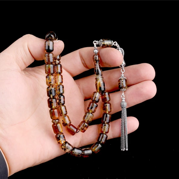 925 Ayar Gümüş Püsküllü Kapsül Kesim Çöp Fosilli Damla Kehribar Tesbih - Resim 3