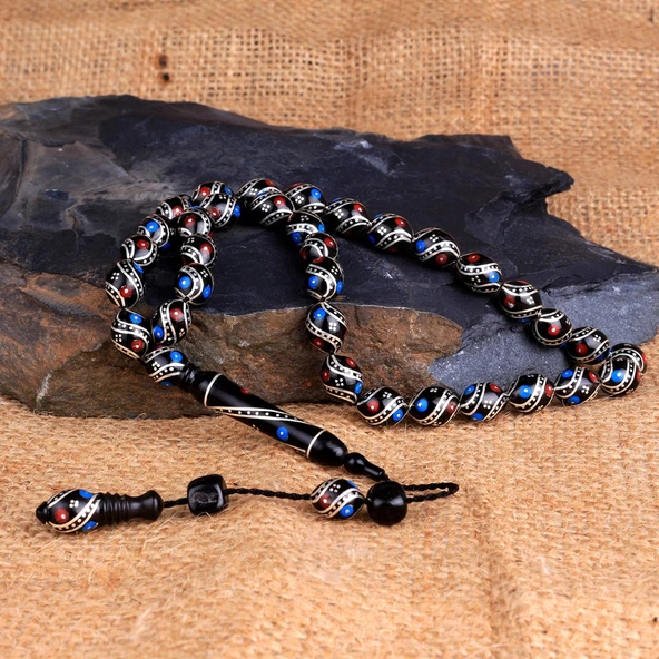 Arpa Kesim Erzurum Oltu Taşı Gümüş İşlemeli Sistemli Tesbih - Resim 3