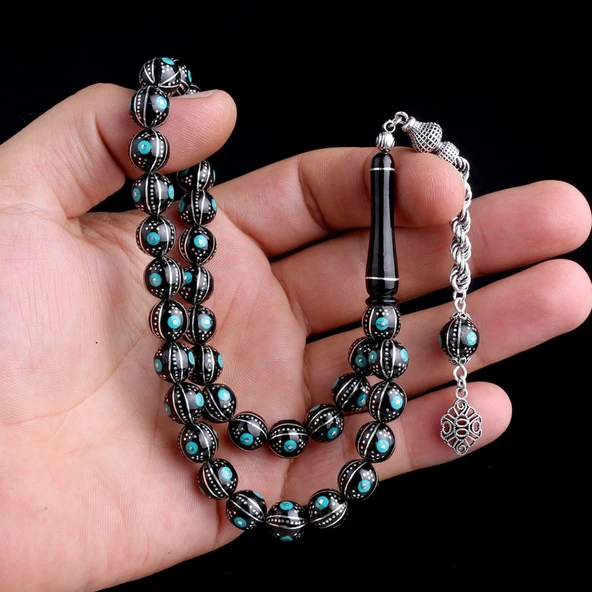 Erzurum Oltu Taşı Üzerine Firuze İşleme 925 Ayar Gümüş Püsküllü Tesbih - Resim 3