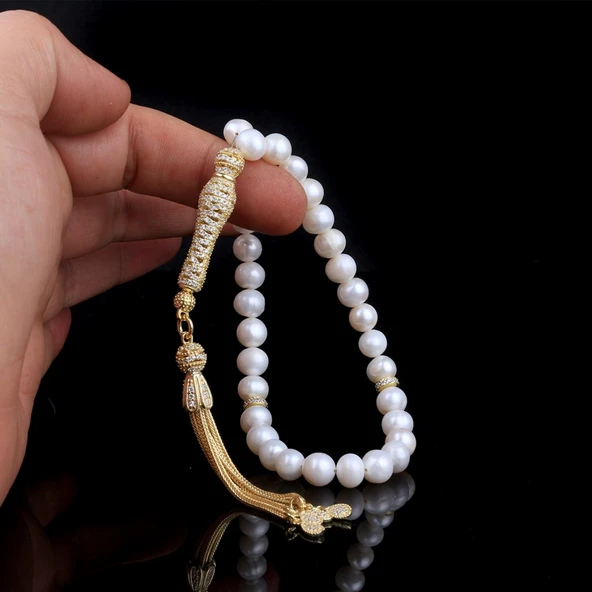 ALTIN KAPLAMA ZİRKON TAŞLI GÜMÜŞ SET İNCİ TAŞLI TESBİH - Resim 2