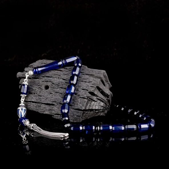 Çift Renk Gümüş Püsküllü Fasetli Damla Kehribar Tesbih - Resim 4