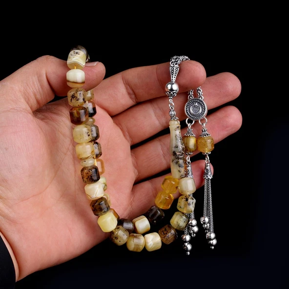 925 Ayar Gümüş Püsküllü Kapsül Kesim Çöp Fosilli Damla Kehribar Tesbih - Resim 3