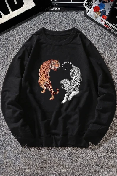 Unisex Tiger Bisiklet Yaka Sweatshirt ürün görseli 1