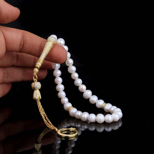 AYYILDIZ MODEL ALTIN KAPLAMA ZİRKON TAŞLI GÜMÜŞ SET İNCİ TAŞLI TESBİH - Resim 2