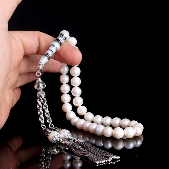 925 Ayar Gümüş Püsküllü 10 mm Nakkaş İmameli İnci Taşı Tesbih - Resim 4