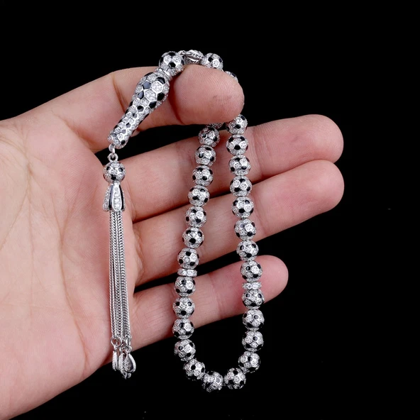 FUTBOL TOPU MODEL ZİRKON TAŞLI SİYAH MİNELİ 925 AYAR GÜMÜŞ TESBİH - Resim 3