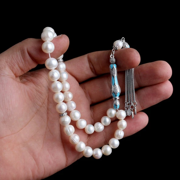 925 Ayar Mineli Gümüş Püsküllü İnci Taşı Tesbih - Resim 3