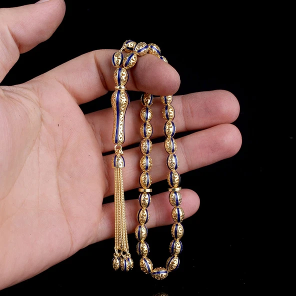 ARPA KESİM ALTIN KAPLAMA LACİVERT RENK MİNELİ 925 AYAR GÜMÜŞ TESBİH - Resim 3