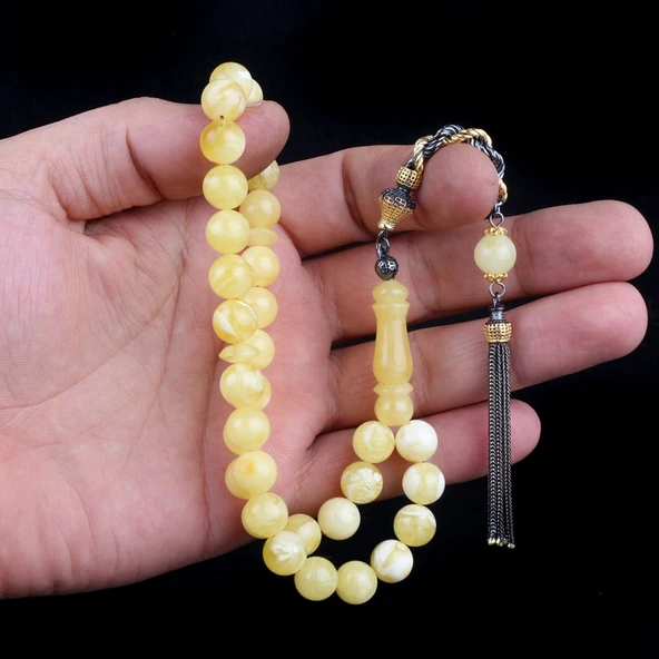 925 Ayar Çift Renk Gümüş Püsküllü 9.5 mm Damla Kehribar Tesbih - Resim 3