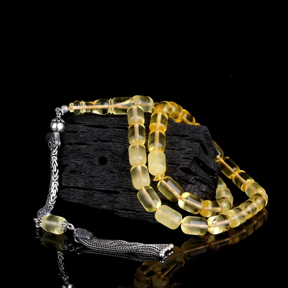 925 Ayar Gümüş Püsküllü Kapsül Kesim Şeffaf Renk Damla Kehribar Tesbih - Resim 2