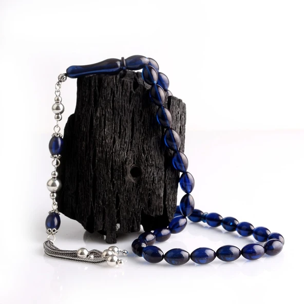 925 ayar Gümüş Püsküllü Parlament Mavisi Arpa Kesim Ateş Kehribar Tesbih ürün görseli 1