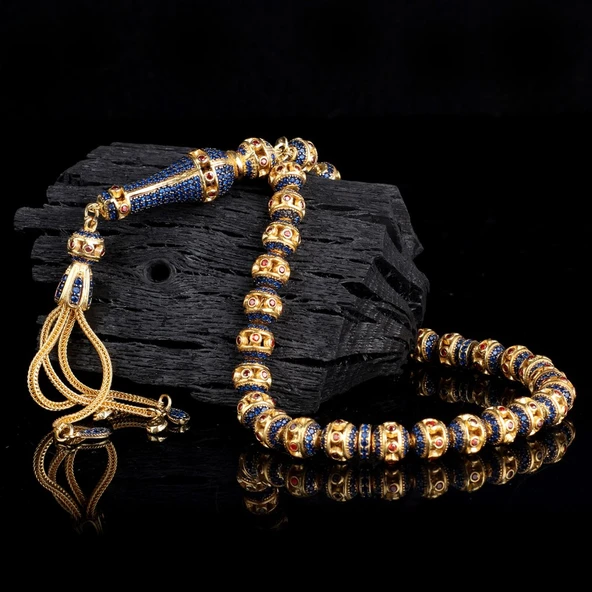 ALTIN KAPLAMA LACİVERT RENK ZİRKON TAŞLI 925 AYAR GÜMÜŞ TESBİH - Resim 2