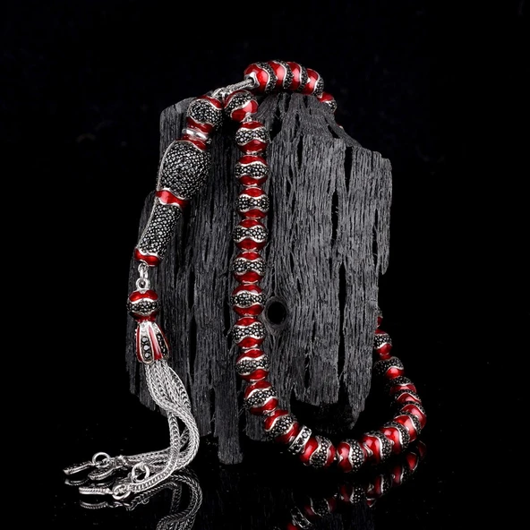 KIRMIZI RENK MİNELİ ZİRKON TAŞLI 925 AYAR GÜMÜŞ TESBİH ürün görseli 1