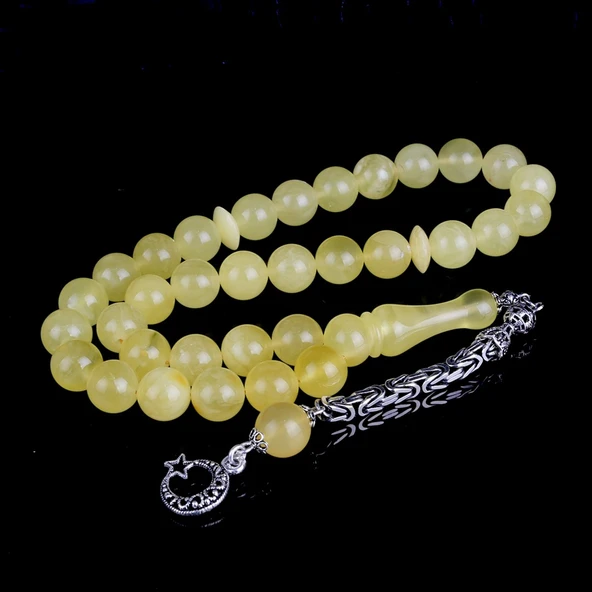 10 MM Mat Renk Orjinal Damla Kehribar Tesbih 925 Ayar Gümüş Püsküllü - Resim 2