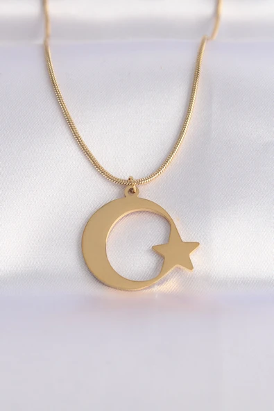316L Çelik Zincir Gold Renk Ay Yıldız Unisex Kolye - TJ-BKO8699