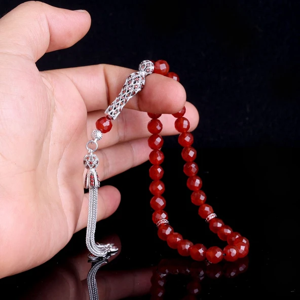 Zirkon Taşlı Gümüş Püsküllü Kristal Kesme Akik Taşı Tesbih - Resim 3