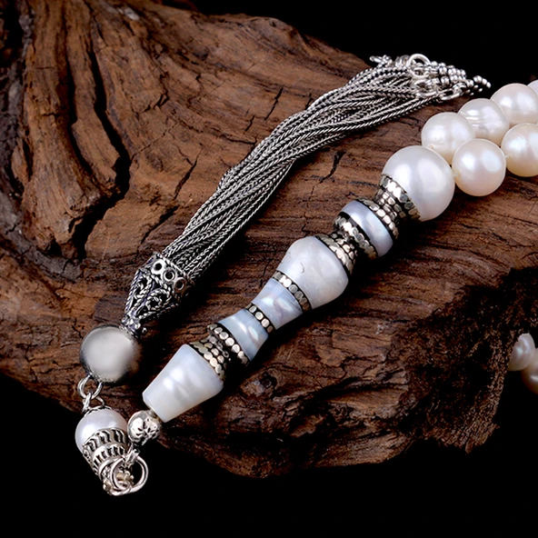 925 AYAR GÜMÜŞ ÖZEL TASARIM NAKKAŞ İMAME İNCİ TAŞI TESBİH - Resim 3