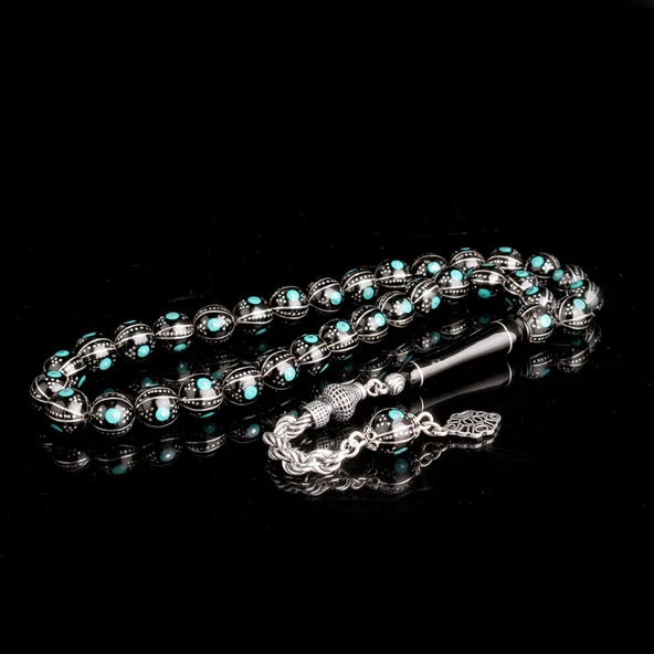 Erzurum Oltu Taşı Üzerine Firuze İşleme 925 Ayar Gümüş Püsküllü Tesbih - Resim 2