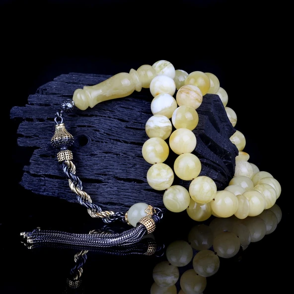 925 Ayar Çift Renk Gümüş Püsküllü 9.5 mm Damla Kehribar Tesbih - Resim 2