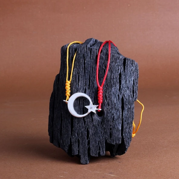 925 Ayar Gümüş Püsküllü Sarı Kırmızı Renk Ateş Kehribar Ayyıldız Bileklik Kombini - Resim 3