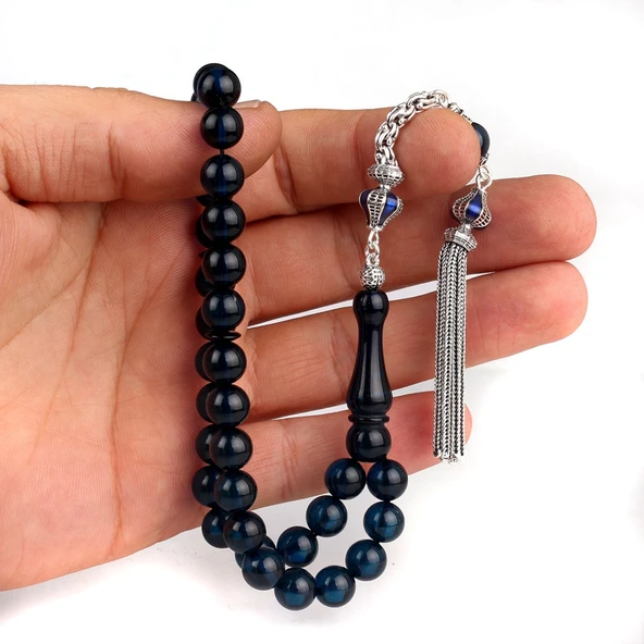 925 Ayar Gümüş Püsküllü Mavi Renk Damla Kehribar Tesbih - Resim 3