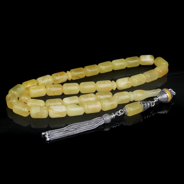 KAPSÜL KESİM MAT RENK DAMLA KEHRİBAR TESBİH 925 AYAR GÜMÜŞ PÜSKÜLLÜ - Resim 3