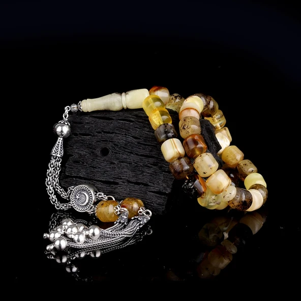 925 Ayar Gümüş Püsküllü Kapsül Kesim Çöp Fosilli Damla Kehribar Tesbih - Resim 2